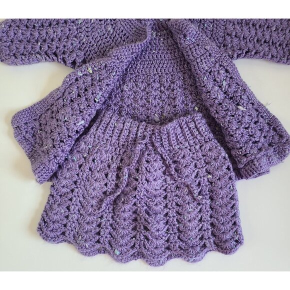 Handmade Crochet Baby Cardigan & Skirt Set Purple Size 18 months - 2T - Picture 2 of 11